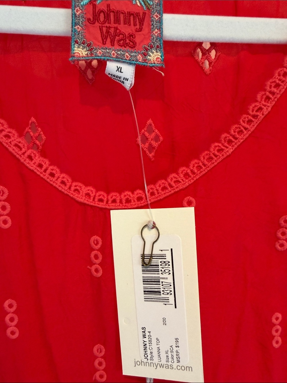 Johnny Was Bright Red Embroidered Peasant Top - Picture 2 of 5